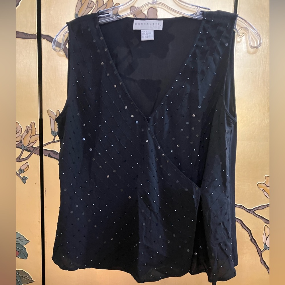 Doncastor Black Silk Sequined/Beaded Top w/Scarf